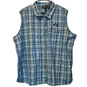 Mickey Mouse Unlimited Sleeveless Cotton Button Down Blue Striped Woman's Shirt